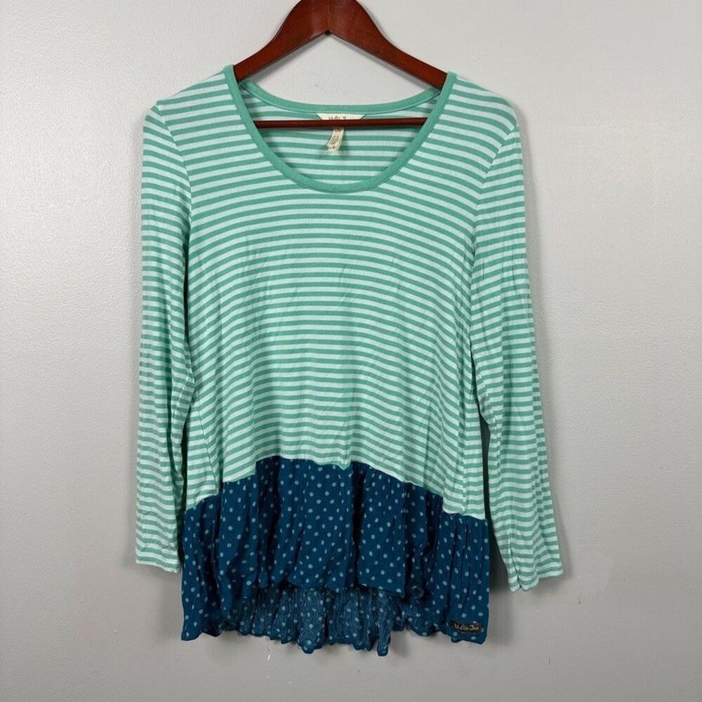 Matilda Jane Green Blue Striped Polka Dot Wonderment Talk Tomorrow Top Small